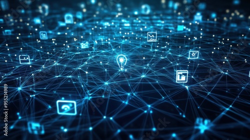 Digital grid with IoT, AI, and global network symbols, representing the future of business transformation through technology adoption and innovation.