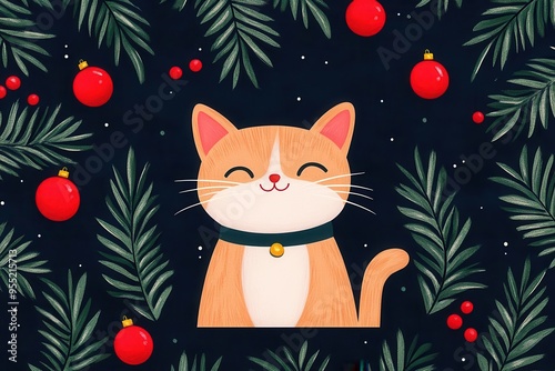 A cheerful cartoon cat surrounded by festive decorations, perfect for holiday-themed designs and seasonal artwork.