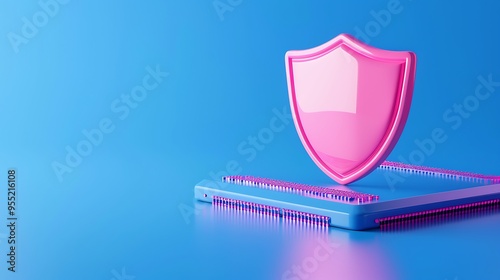 Pink shield symbolizing digital security placed on a smartphone against a blue background, representing online protection and cybersecurity. photo