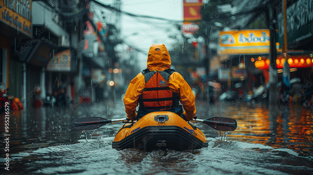 a person in a motorized rubber raft on a flooded downtown street in Thailand in a rainstorm headed to work. a person in a motorized rubber raft on a flooded downtown street in Thailand in a rainstorm headed to work.