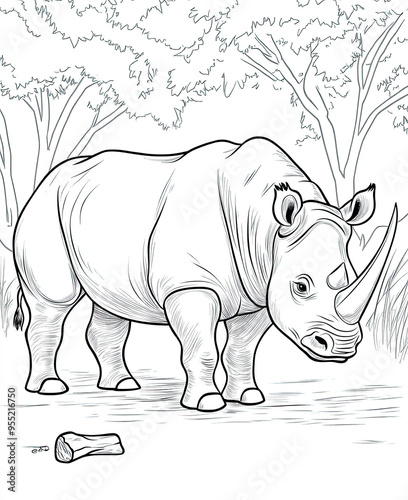 Beautiful Rhino Coloring Page, Rhinoceros Colouring Design for Your Corporate Books and Business Graphic Resource or Creative Project, Ai Generative photo