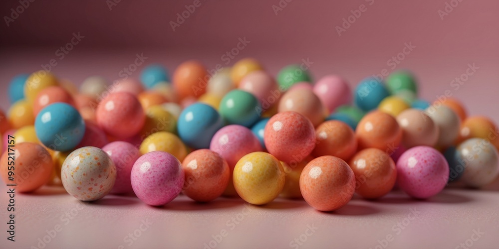 Colorful gumballs scattered on pink background. Colorful gumballs scattered on pink background.