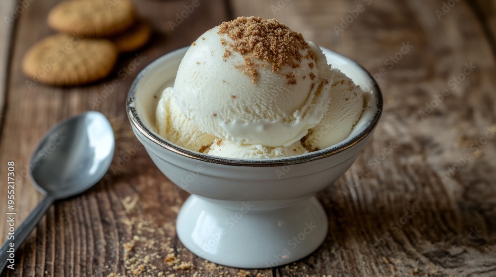 Vanilla ice cream with cookie crumble in a white bowl. Vanilla ice cream with cookie crumble in a white bowl.