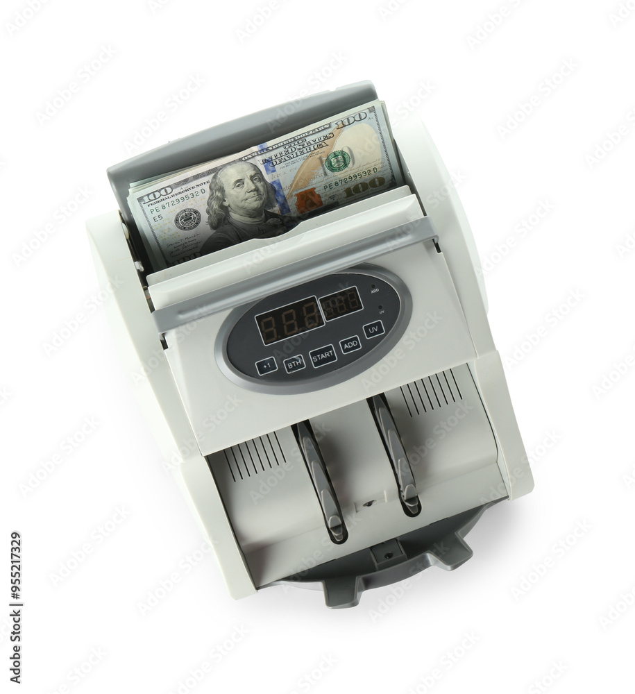 Obraz premium Money counter machine with dollar banknotes isolated on white, top view