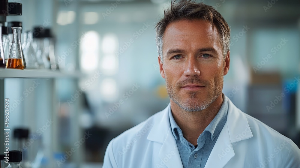 Confident Male Scientist Posed in Vivid Laboratory Setting Confident Male Scientist Posed in Vivid Laboratory Setting