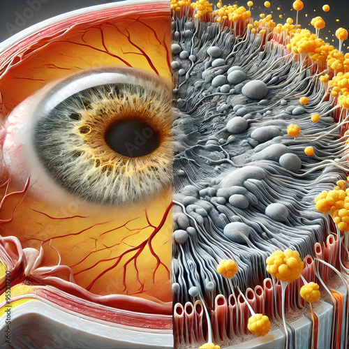 3D Age-related macular degeneration (AMD) in the human eye, focusing on the central portion of the retina where the degeneration occurs. accumulation of drusen (yellow deposits) under the retina.
