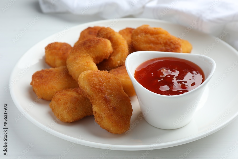Tasty chicken nuggets with chili sauce on white table, closeup Tasty chicken nuggets with chili sauce on white table, closeup