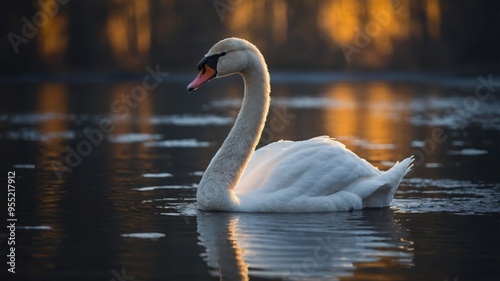 Swan's reflection creating a perfect mirror image minimalist art media by magazine. photo