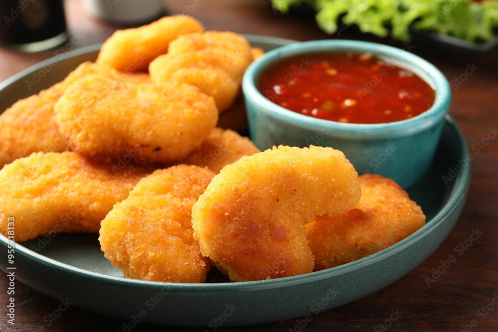 Plate with hot chili sauce and nuggets on wooden table, closeup Plate with hot chili sauce and nuggets on wooden table, closeup