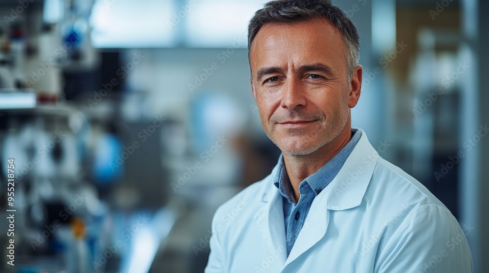 Confident Male Scientist Posed in Vivid Laboratory Setting Confident Male Scientist Posed in Vivid Laboratory Setting