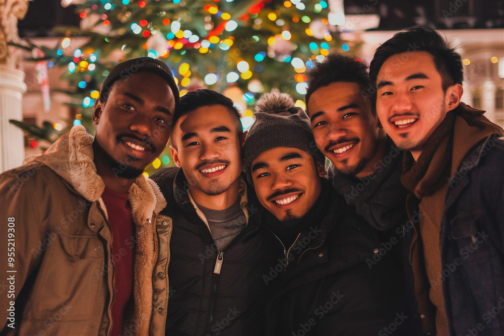 AI generated photo with a gathering of multi ethnic young male friends. On a background with Christmas tree and New Year's lights and decorations AI generated photo with a gathering of multi ethnic young male friends. On a background with Christmas tree and New Year's lights and decorations