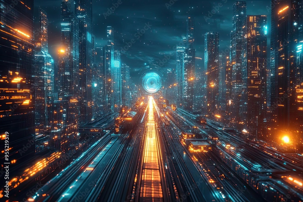 AIdriven society, futuristic cityscape, digital integration, holographic interfaces AIdriven society, futuristic cityscape, digital integration, holographic interfaces