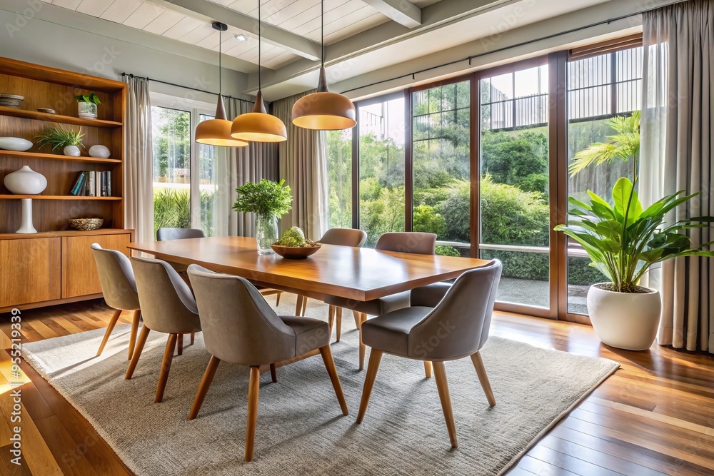 Fototapeta premium * Chic and airy dining space crafted with wood accents, plush upholstered chairs, and an abundance of natural