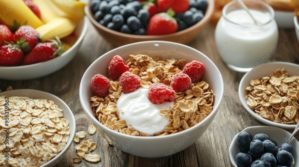 Healthy Breakfast with Yogurt, Oatmeal, Berries and Raspberries Healthy Breakfast with Yogurt, Oatmeal, Berries and Raspberries