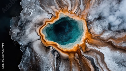 This aerial shot captures a striking geothermal area, with vivid blue and orange hues highlighting the volcanic features, mineral deposits, and dynamic water forms in a powerful display.