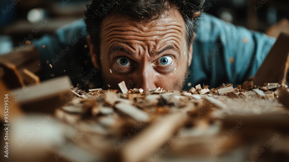 Skilled craftsman deeply immersed in woodworking, surrounded by flying wood shavings, showcasing dedication, precision, and the artistry involved in crafting wooden pieces. Skilled craftsman deeply immersed in woodworking, surrounded by flying wood shavings, showcasing dedication, precision, and the artistry involved in crafting wooden pieces.