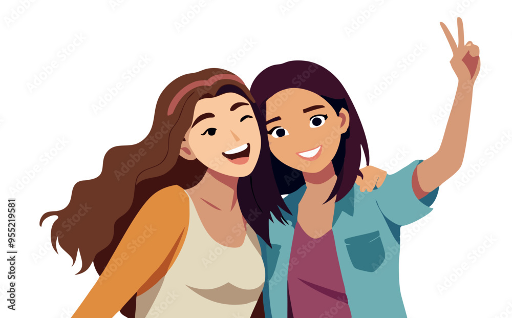 Two happy women posing for a selfie making a peace sign Two happy women posing for a selfie making a peace sign