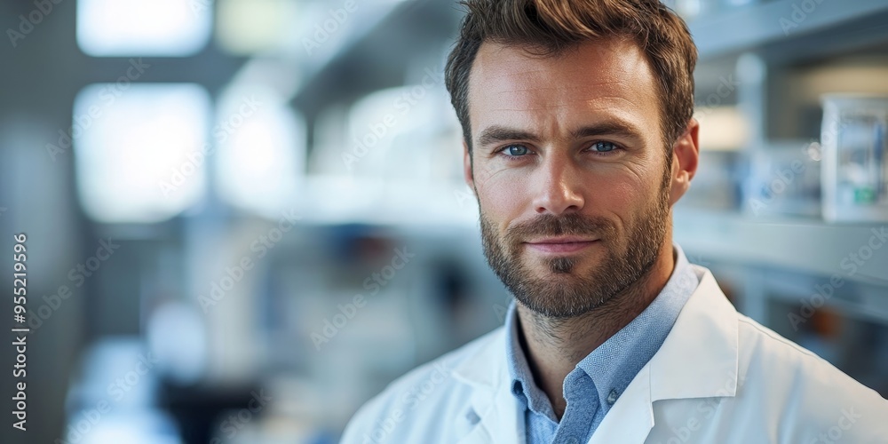Confident Male Scientist Posed in Vivid Laboratory Setting Confident Male Scientist Posed in Vivid Laboratory Setting