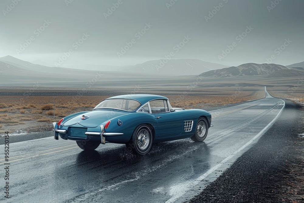 Naklejka premium Vintage Car on a Deserted Road A classic