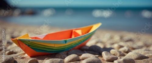 Origami paper in the shape of a boat that is stranded on the beach.