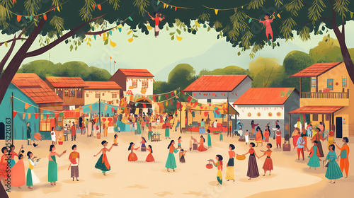 Village fair: a lively village fair in rural india, with folk music, dance performances, traditional games, and local handicrafts on display. Village. Illustration photo