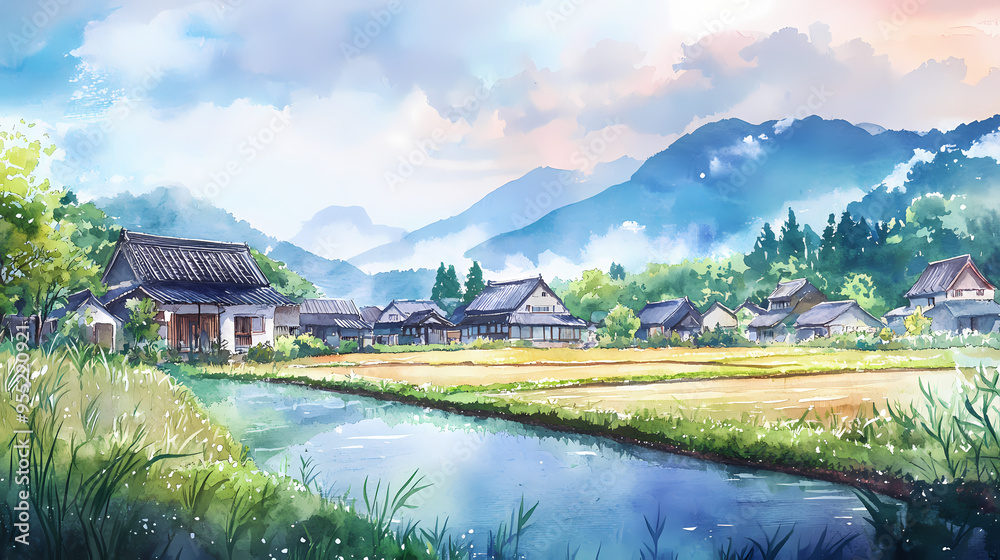 Fototapeta premium Watercolor Japanese village landscape, traditional rural houses by a river, peaceful mountain scenery illustration with soft blue and green tones