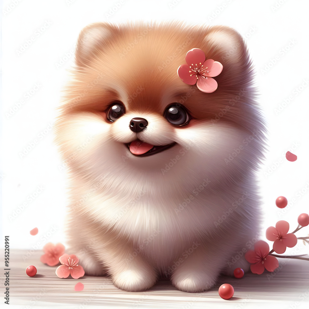 흰 배경, 포메라니안, 애니메이션 아트 (White background, Pomeranian, animation art) 흰 배경, 포메라니안, 애니메이션 아트 (White background, Pomeranian, animation art)