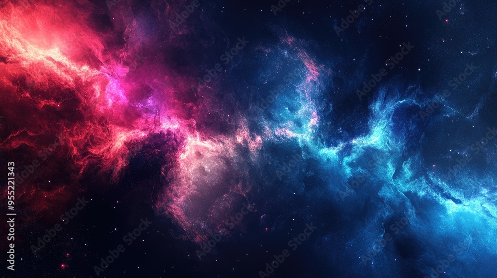 Red and Blue Nebulae Intertwining in a Starry Night Sky Red and Blue Nebulae Intertwining in a Starry Night Sky