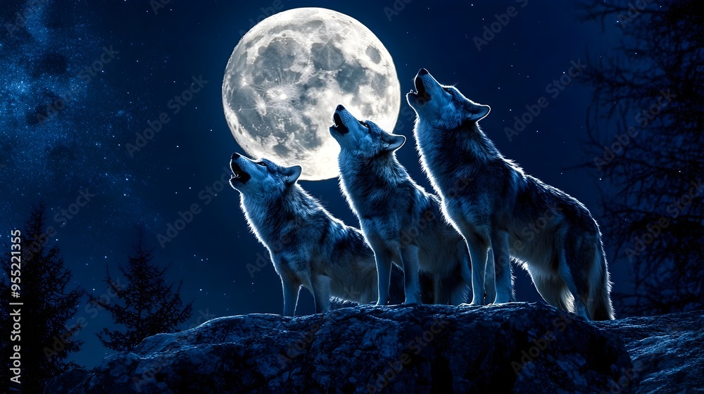 Howling Wolves Under Moonlit Sky in Snowy Forest Landscape Howling Wolves Under Moonlit Sky in Snowy Forest Landscape