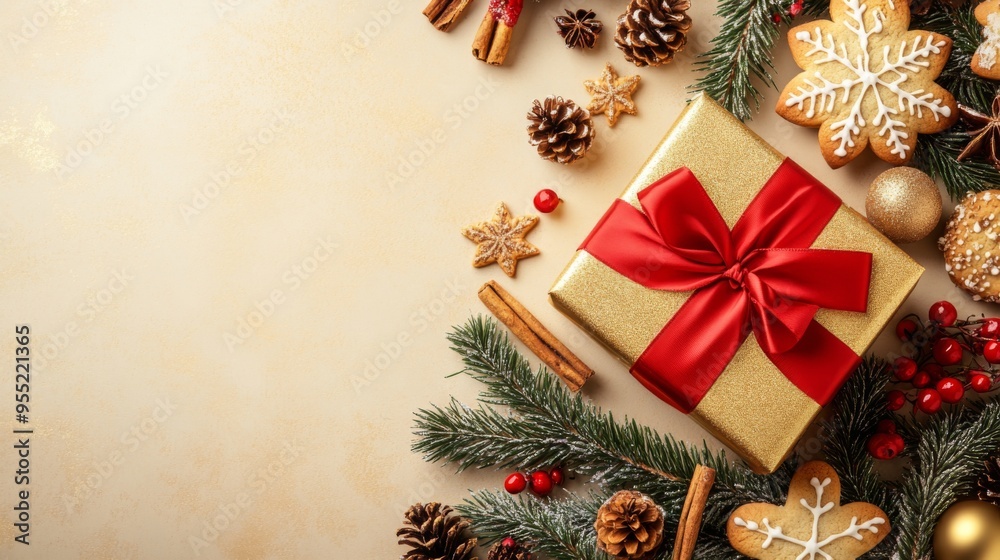 Christmas decoration composition on light gold background with beautiful Golden gift box with red ribbon, fir branches, cones