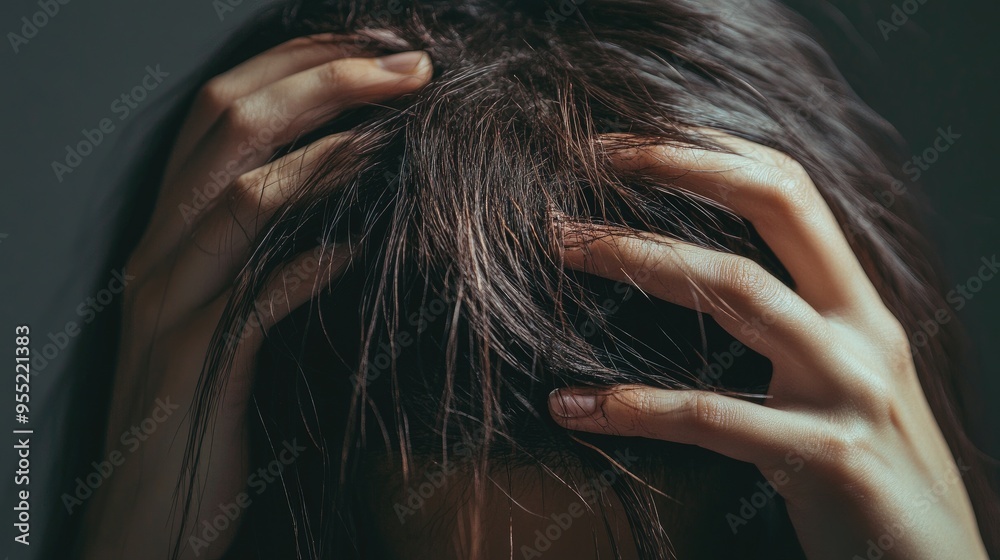 Naklejka premium Close-up of a woman head, hands holding damaged hair, symbolizing the need for hair treatment and care. Copy space for text.