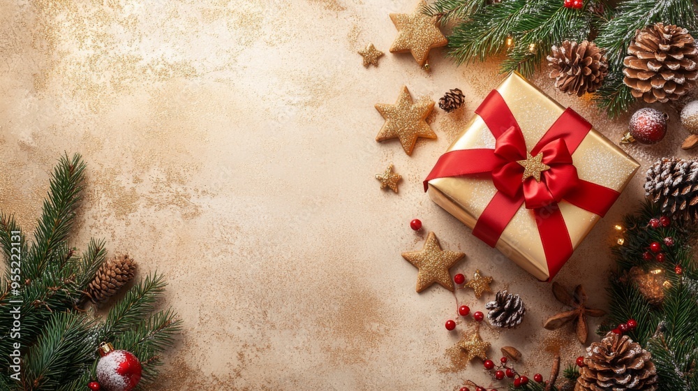 Christmas decoration composition on light gold background with beautiful Golden gift box with red ribbon, fir branches, cones Christmas decoration composition on light gold background with beautiful Golden gift box with red ribbon, fir branches, cones