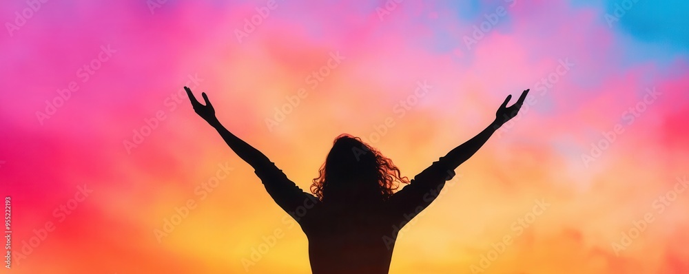 A vibrant glow around a silhouette of a woman dancing at sunset, capturing the essence of freedom and joy A vibrant glow around a silhouette of a woman dancing at sunset, capturing the essence of freedom and joy