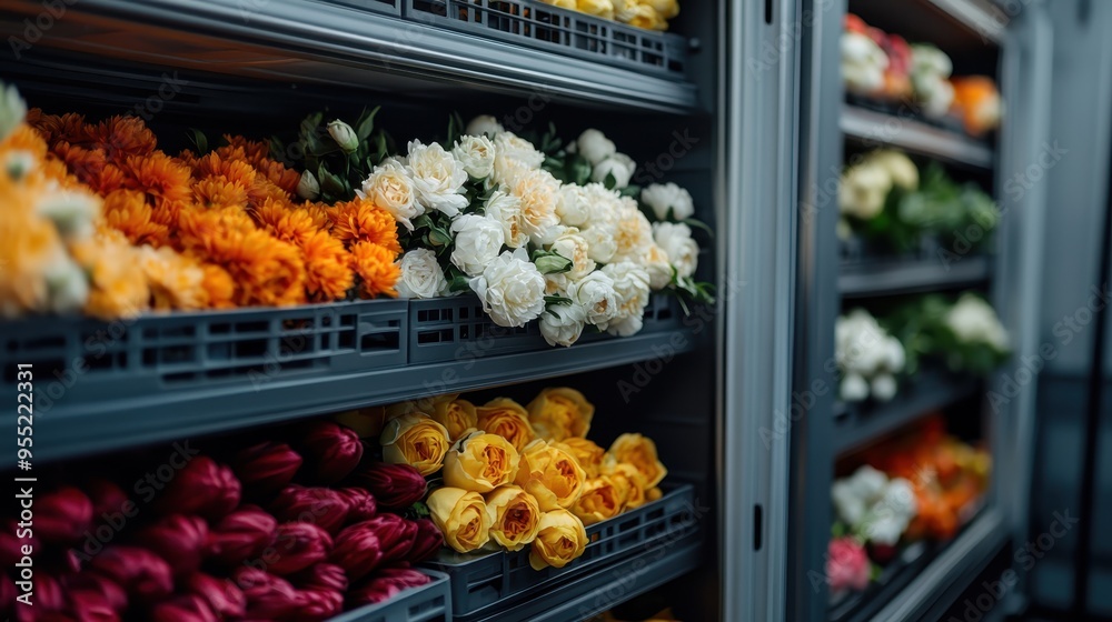 Assortment of flowers stored in metal shelves arranged by type and color. Beautifully organized, featuring roses and other flowers, highlighting a display system in a floral shop. Assortment of flowers stored in metal shelves arranged by type and color. Beautifully organized, featuring roses and other flowers, highlighting a display system in a floral shop.