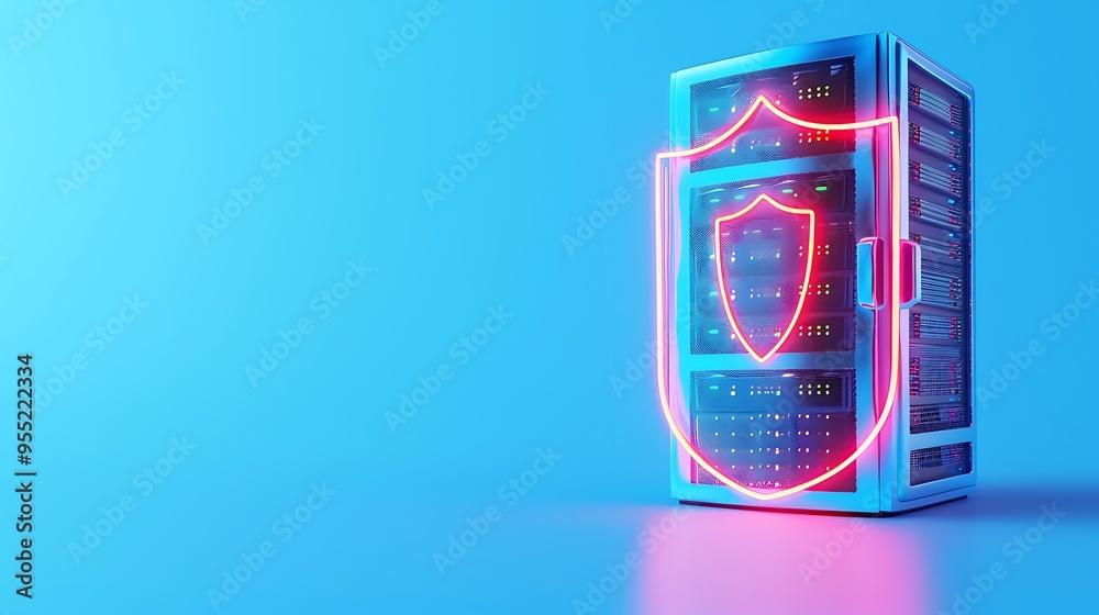 Server protection concept with neon shield over a server rack against blue background, symbolizing cybersecurity and data safety. Server protection concept with neon shield over a server rack against blue background, symbolizing cybersecurity and data safety.