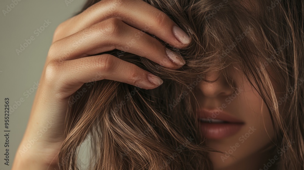 Naklejka premium A woman's hands grip her hair, showing signs of damage and oiliness, emphasizing the need for hair care and treatment. Copy space.