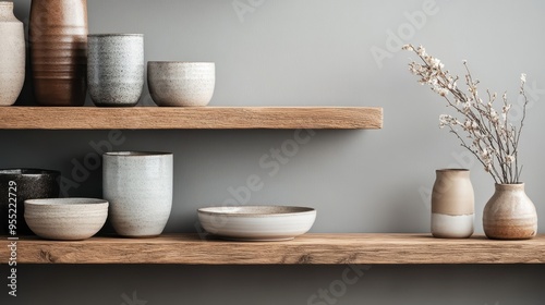 Elegant and simple ceramics varying in shapes and sizes are orderly displayed on two parallel wooden shelves against a light grey wall, offering a serene and calming aesthetic.