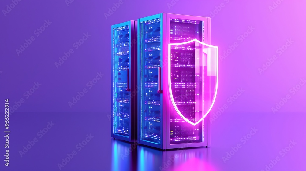 Server racks with glowing shield icon representing data protection and cybersecurity in a vibrant purple setting. Server racks with glowing shield icon representing data protection and cybersecurity in a vibrant purple setting.