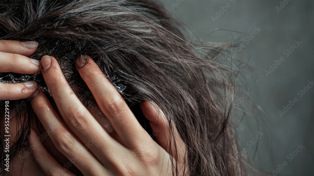 Detailed view of a woman head and hands holding damaged hair, highlighting the need for hair repair and care. Copy space available. Detailed view of a woman head and hands holding damaged hair, highlighting the need for hair repair and care. Copy space available.
