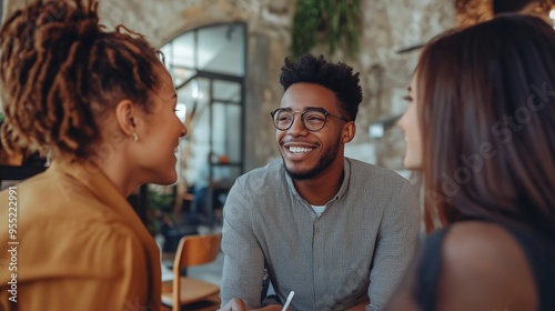 Three friends enjoying conversation at a cozy café with rustic décor on a relaxed afternoon in an urban setting