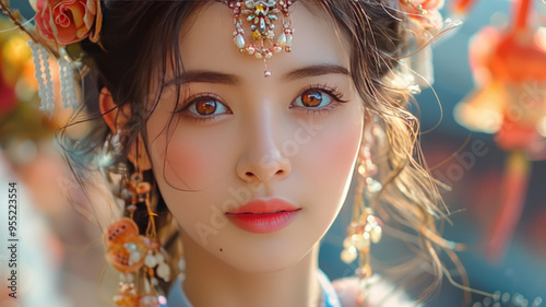 a exotic beauty chinese Traditional dancer, eyes looking sharp to camera, stand in front of hill