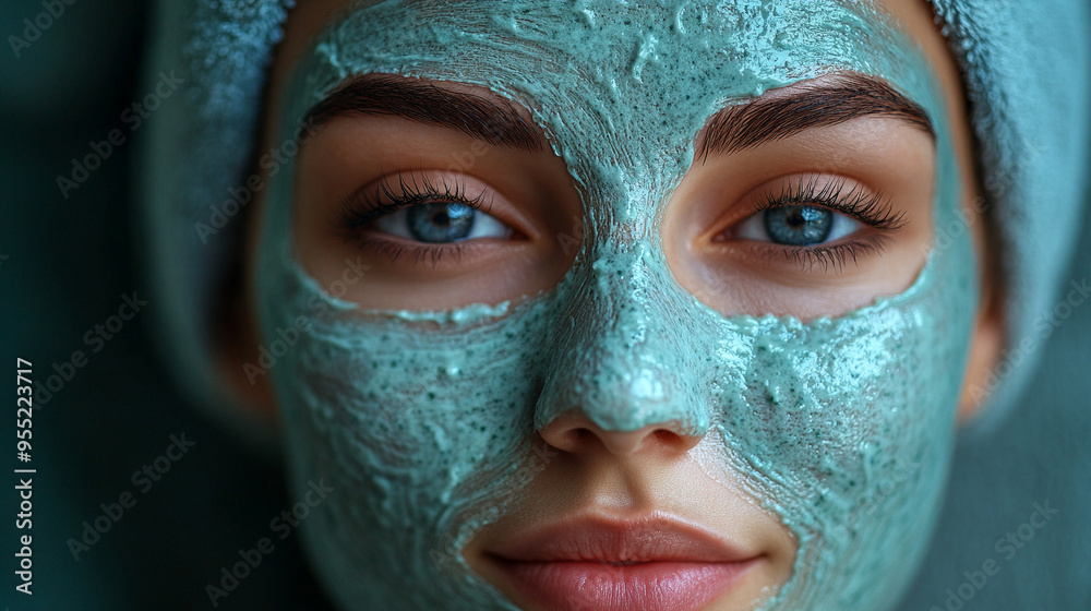 Fototapeta premium woman with closed eyes enjoying a rejuvenating spa treatment, her face covered in a white beauty mask, symbolizing relaxation, self-care, and the pursuit of youthful radiance