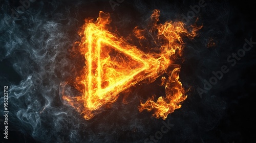 Fiery 3D play button icon with dynamic flames and smoke on a black background. Perfect for a cinematic or movie-themed design.