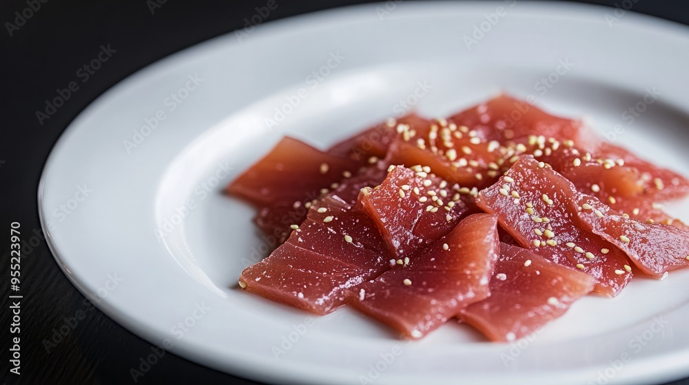 Sashimi of raw tuna with sesame seeds on a white plate. Sashimi of raw tuna with sesame seeds on a white plate.