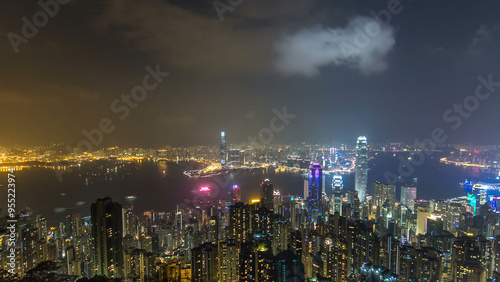 Photography Hong Kong city skyline aerial timelapse at night with Victoria Harbor and skyscr
