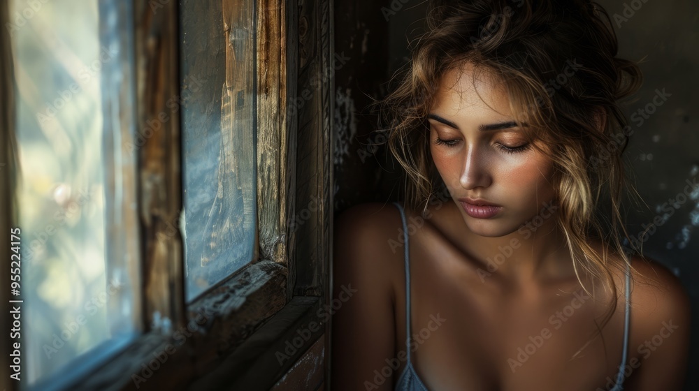 Fototapeta premium A woman with brown hair and red eyes is looking out a window
