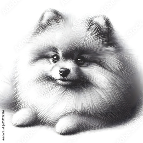 흰 배경, 포메라니안, 펜슬 드로잉 (White background, Pomeranian, pencil drawing)