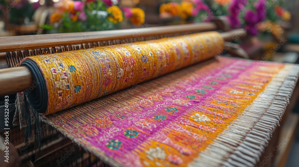 A close-up of a Lao artisan weaving a silk tapestry, capturing the intricate patterns and vibrant colors, A close-up of a Lao artisan weaving a silk tapestry, capturing the intricate patterns and vibrant colors,