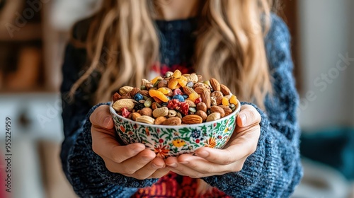 Woman holding a bowl of mixed nuts and seeds. photo