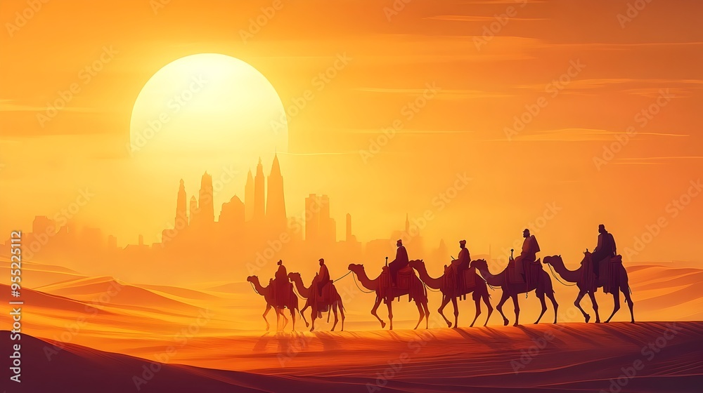 Silhouetted Camel Caravan Traversing Desert Landscape at Dramatic Sunset Silhouetted Camel Caravan Traversing Desert Landscape at Dramatic Sunset